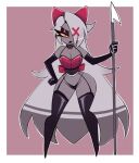 1girl angel gray_skin hazbin_hotel nelljoestar red_lipstick revealing_clothes serious_face spear suggestive thick_thighs vaggie_(hazbin_hotel) white_hair