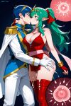 1boy 1girl ai_generated blue_eyes blue_hair cleavage couple cum cum_in_pussy fire_emblem green_eyes green_hair kissing marth tiki_(fire_emblem)