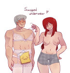  1boy1girl 2026 adam_(skullgirls) besary blush censored clothes_swap crossdressing lingerie long_hair parasoul_(skullgirls) plain_background red_hair skullgirls smile topless_female underwear white_background 