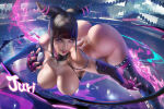 1girl bent_over big_breasts black_and_purple_hair black_hair bubble_butt cleavage doggy_position horny inviting_to_sex juri_han looking_at_viewer naked naked_female nude nude_female pose purple_eyes purple_hair sakimichan split spread_legs standing stockings street_fighter teasing thick_thighs