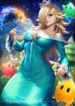 1girl aqua_dress bare_shoulders blonde_female blonde_hair blue_eyes breasts crown dress earrings female_only female_solo hair_over_one_eye holding holding_wand jewelry lips lipstick long_dress long_hair long_sleeves looking_at_viewer luma makeup medium_breasts neck neoartcore nintendo off_shoulder parted_lips pink_lipstick rosalina super_mario_bros. super_mario_galaxy wand