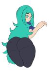 1girl amaria_(pokemon) amaria_(pokemon_reborn) amaria_fiore ass ass_focus big_ass big_breasts black_legwear cdwolfreal facing_away_from_viewer fan_character fangame frown fully_clothed gym_leader human long_hair looking_back pokemon pokemon_fangame pokemon_reborn teal_eyes teal_hair white_background