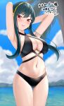 1girl 1girl alluring alternate_costume arms_up big_breasts bikini black_bikini black_hair blue_sky cleavage cloud commission day gold_hairband hairband high_res navel ocean outside palm_tree px-tea red_eyes red_lips skeb_commission sky spy_x_family swimsuit tree water yor_briar