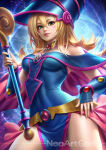 1girl bare_legs bare_shoulders blonde_female blonde_hair blue_dress blue_hat blue_headwear blush_stickers breasts capelet dark_magician_girl dress female_only female_solo green_eyes grin hair_between_eyes hat headwear holding holding_staff jewelry legs lips lipstick long_hair looking_at_viewer makeup medium_breasts necklace neoartcore off-shoulder_dress off_shoulder parted_lips pink_capelet pink_lipstick pink_skirt skirt smile staff yu-gi-oh! yu-gi-oh!_duel_monsters