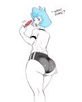 1girl ass big_ass blue_hair buttholemagick huge_ass looking_back popsicle round_ass short_hair sportswear standing thick_thighs trixie_(buttholemagick)