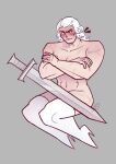  1boy 2025 arms_crossed besary blue_eyes blush cb convenient_censoring french_male human lafayette looking_away male nude nude_male plain_background real_person scars scars_all_over shoes_only sword white_hair 