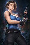 1girl barefoot big_breasts black_gloves black_pants blue_eyes blue_shirt blue_tank_top breasts brown_hair capcom cleavage eyeshadow female_only female_solo fingerless_gloves gloves gun holding holding_gun holding_weapon jill_valentine lips lipstick looking_at_viewer makeup medium_breasts nail_polish neck necklace neoartcore pants parted_lips pink_lipstick pink_nails resident_evil resident_evil_3 resident_evil_3_remake shirt short_hair standing tank_top trigger_discipline weapon