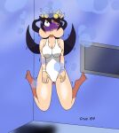 1girl asphyxiation ass ass_visible_through_thighs barefoot big_breasts black_hair breasts bubbles cleavage cruz64 drowning feet female filia_(skullgirls) holding_breath human light-skinned_female light_skin long_hair looking_up one-piece_swimsuit one_eye_closed pool puffy_cheeks skullgirls solo swimsuit underwater water white_one-piece_swimsuit white_swimsuit wristbands