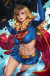 1girl arms_up bare_legs belt big_breasts blonde_female blonde_hair blue_eyes blue_shirt blue_skirt boots breasts cape day dc_comics dcau female_only female_solo flying grin justice_league_unlimited kara_zor-el legs legwear lifting lips lipstick long_hair long_sleeves looking_at_viewer makeup midriff miniskirt navel neoartcore outside parted_lips pink_lipstick pleated_skirt red_boots red_cape red_footwear shirt skirt sky smile supergirl supergirl_(series) superman_(series) thighs yellow_belt