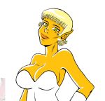 arisia_rrab artist_name bare_shoulders blonde_female blonde_hair cleavage dc_comics freckles freckles_on_face green_lantern green_lantern_corps huge_breasts lipstick long_gloves looking_at_viewer neckline pink_lipstick short_hair sidelocks yellow_skin