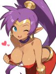 1girl ai_generated heart one_breast_visible one_nipple_out pulling_clothing pulling_own_clothes shantae shantae_(character) showing_breasts wink