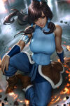 1girl aqua_eyes arm_support avatar:_the_last_airbender bare_shoulders big_breasts boots breasts brown_boots brown_footwear brown_hair closed_mouth dark-skinned_female dark_skin female_only female_solo footwear indoors korra lips lipstick long_hair looking_at_viewer makeup neoartcore nickelodeon on_floor ponytail sitting sitting_on_floor sleeveless smile solo_female the_legend_of_korra tied_hair water_tribe