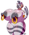 1girl 2018 anthro anthrofied areola big_breasts blue_eyes breasts cutie_mark digital_media_(artwork) ear_piercing equine friendship_is_magic furry hair hands_behind_back high_res huge_breasts looking_at_viewer mammal multicolored_hair my_little_pony nipple_piercing nipples nude piercing pussy ryousakai signature simple_background smile thick_thighs two_tone_hair white_background zebra zecora