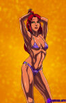 1girl abs alien_girl alternate_costume armpits arms arms_behind_head bangs bare_arms bare_legs bare_shoulders bikini breasts collarbone contrapposto dc_comics dcau female_only female_solo green_eyes green_sclera grin half-closed_eyes izzykargeau koriand'r legs lips lipstick long_hair looking_at_viewer makeup medium_breasts midriff navel neck orange_background parted_bangs parted_lips pose posing purple_bikini purple_swimsuit red_hair red_lipstick small_breasts smile standing starfire straight_hair swimsuit tamaranean teen_titans thick_thighs thighs