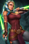 1girl ahsoka_(series) ahsoka_tano bare_shoulders big_breasts blue_eyes breasts brown_gloves dual_wielding female_only female_solo fingerless_gloves gloves grin half-closed_eyes holding holding_lightsaber holding_weapon indoors jedi legs lightsaber lips lipstick looking_at_viewer lucasfilm makeup medium_breasts neoartcore orange_skin parted_lips purple_lipstick smile standing standing_on_one_leg star_wars thick_thighs thighs weapon