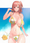 1girl absurd_res alluring animal assisted_exposure azur_lane bare_arms bare_shoulders big_breasts bikini bird blue_sky blush cloud cloudy_sky collarbone commentary_request dead_or_alive dead_or_alive_6 dead_or_alive_xtreme dead_or_alive_xtreme_venus_vacation hair_ornament hand_up high_res hoki1314 honoka honoka_(doa) long_hair looking_at_viewer manjuu_(azur_lane) navel outside parted_lips pink_eyes pink_hair ponytail pulling_own_clothes shiny_skin side_ponytail sky stomach swimsuit thighs untied_bikini_bottom water_drop wet