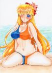 aino_minako alluring bare_shoulders big_breasts bikini bishoujo_senshi_sailor_moon blonde_hair blue_eyes blush bow earrings high_res jewelry long_hair looking_at_viewer minako_aino one_eye_closed pool pussy pussy_peek red_bow saffron_factory sideboob sleeveless swimming_pool swimsuit very_long_hair wink