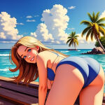 1woman blonde_hair_female blue_bikini blue_eyes looking_over_shoulder smilling tropical