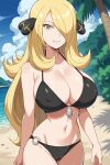 1girl accurate_art_style alluring androidparanoid beach big_breasts bikini blonde_hair blue_sky cleavage cynthia cynthia_(pokemon) nintendo ocean pin_up pokemon pokemon_(anime) pokemon_dppt solo yellow_eyes