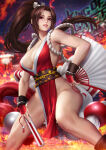 1girl alluring bare_legs big_breasts brown_eyes brown_hair cleavage clothed fan fatal_fury king_of_fighters mai_shiranui neoartcore ponytail shiranui_mai snk tagme tied_hair