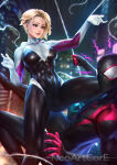 1boy 1girl black_bodysuit blonde_female blonde_hair bodysuit breasts female_only female_solo gwen_stacy looking_at_viewer marvel marvel_comics medium_breasts miles_morales neoartcore older older_female short_hair skin_tight spider-gwen spider-man spider-man:_into_the_spider-verse spider-man_(series) teen teenage teenage_boy teenager white_bodysuit young_adult young_adult_female young_adult_woman