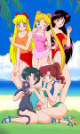 5girls absurd_res aino_minako alluring ami_mizuno barefoot_sandals_(jewelry) beach bikini bishoujo_senshi_sailor_moon black_cat blonde_hair blue_eyes cat high_res hino_rei kino_makoto luna_(sailor_moon) makoto_kino medium_breasts minako_aino mizuno_ami multiple_girls official_art one_eye_closed red_eyes rei_hino smile swimsuit tagme toes tsukino_usagi usagi_tsukino