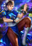 1girl big_breasts blue_dress boots bracelet breasts brown_hair brown_legwear brown_pantyhose bun_cover capcom china_dress chinese_clothes chun-li double_bun dress earrings eyeshadow female_only female_solo fighting_stance footwear hair_bun hand_up jewelry knee_up legwear lips lipstick long_dress looking_to_the_side makeup medium_breasts neck neoartcore outside pantyhose parted_lips pelvic_curtain pink_lipstick puffy_short_sleeves puffy_sleeves red_eyes red_eyeshadow serious short_hair short_sleeves spiked_bracelet spikes standing standing_on_one_leg street_fighter street_fighter_ii street_fighter_iv white_boots white_footwear