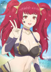 1girl 1girl :d absurd_res alluring alternate_costume alternate_hairstyle bare_shoulders big_breasts bikini black_bikini blue_sky blurry blurry_background choker cleavage day facial_mark fire_emblem fire_emblem_engage hand_up high_res long_hair looking_at_viewer navel nintendo open_mouth outside purple_bikini purple_choker red_eyes red_hair sky smile star_(symbol) stomach swimsuit tak0baka twin_tails upper_body v very_long_hair yunaka_(fire_emblem)