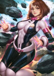 1girl big_breasts bodysuit breasts brown_eyes brown_hair closed_mouth cloud day female_only female_solo looking_at_viewer medium_breasts my_hero_academia neoartcore ochako_uraraka outside rock skin_tight sky smile