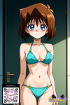 1girl 1girl 1girl ai_generated aqua_bikini bangs bare_arms bare_shoulders big_breasts bikini blue_bikini blue_eyes blue_swimsuit blush bob_cut breasts brown_hair character_name clavicle cleavage closed_mouth clothing cowboy_shot eyebrows eyebrows_visible_through_hair female_only groin hair_between_eyes halterneck indoors jewelry littlehentai looking_at_viewer mazaki_anzu medium_breasts medium_hair navel parted_lips savitar savitar_(artist) shiny shiny_hair shiny_skin short_hair smile standing stomach string_bikini swimsuit thigh_gap thighs yu-gi-oh! yu-gi-oh!_duel_monsters