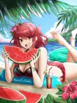 1girl 1girl adapted_costume alluring beach big_breasts fgsketch food fruit heroine high_res milf nintendo one-piece_bikini pyra red_eyes red_hair swimsuit watermelon xenoblade_(series) xenoblade_chronicles_2