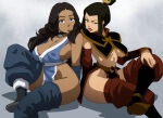 1girl 2_girls aged_up anklet armlet avatar:_the_last_airbender avatar:_the_last_airbender avatar_legends azula bare_shoulders big_breasts big_breasts black_hair blue_eyes blush boots breasts brown_hair choker cleavage clothing coolerinker cosplay crop_top crossed_legs dark-skinned_female dark_skin detached_sleeves fear female_focus female_only fire_nation_clothing footwear fully_clothed gold_jewelry hair_ornament hairclip hip_vent hourglass_figure huge_breasts inker_comics inkershike jewelry katara lips lipstick long_hair looking_at_viewer makeup midriff multiple_girls nail_polish navel nickelodeon no_bra no_panties pelvic_curtain ponytail red_nails revealing_clothes shaman sideboob simple_background sitting smile stockings symmetrical_docking thick_thighs thigh_high_boots thighs tied_hair toned topknot under_boob water_tribe wide_hips