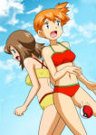 2girls bbmbbf bikini blue_eyes brown_hair female human kasumi_(pokemon) may may_(pokemon) medium_breasts misty misty_(pokemon) nintendo orange_hair palcomix pokemon pokemon_frlg pokemon_lgpe pokemon_rgby pokemon_rse pokepornlive