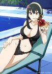 1girl 1girl alluring beach_chair big_breasts bikini black_bikini black_hair cocktail_glass collarbone crazy_straw cup drinking_glass drinking_straw drinking_straw_in_mouth flower hair_flower hair_ornament hairband hibiscus holding holding_cup lying milf mio-morimitsu navel on_side pool red_eyes red_flower spy_x_family stomach swimming_pool swimsuit twisted_torso water white_hairband yor_briar yor_forger