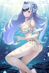 1girl 1girl absurd_res alluring alternate_costume android armlet big_breasts bikini blue_hair forehead_protector high_res jewelry kos-mos kos-mos_re: long_hair red_eyes risumi_(taka-fallcherryblossom) swimsuit underwater very_long_hair xenoblade_(series) xenoblade_chronicles_2