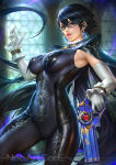 1girl bayonetta bayonetta_(character) big_breasts black_hair breasts female_only female_solo glasses gloves grey_eyes gun hair_between_eyes hand_up holding holding_gun holding_weapon lips lipstick lollipop looking_at_viewer makeup mole mole_under_mouth mouth_hold neoartcore pink_lipstick sega short_hair smile weapon white_gloves