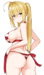 1girl 1girl 1girl ahoge ass bangs bare_shoulders big_breasts bikini blonde blush bracelet breasts cowboy_shot erect_nipples erect_nipples_under_clothes eyebrows_visible_through_hair fate/grand_order fate_(series) from_behind green_eyes hair_between_eyes hair_intakes halterneck jewelry long_hair looking_at_viewer looking_back mitsukazu_(nijigen_complex) nero_claudius_(fate) nero_claudius_(swimsuit_caster) nipples red_bikini sideboob sidelocks simple_background smile string_bikini striped striped_bikini striped_swimsuit swimsuit tied_hair twin_tails wedgie white_background white_bikini white_swimsuit