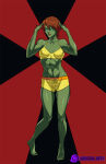 1girl abs alien_girl bare_arms bare_legs bare_shoulders barefoot black_background bra breasts brown_hair closed_mouth collarbone dc_comics dcau feet female_only female_solo freckles full_body green_skin hands_up izzykargeau justice_league legs lingerie lips lipstick looking_at_viewer makeup medium_breasts megan_morse midriff miss_martian navel neck red_background red_lipstick short_hair small_breasts smile standing thighs yellow_bra yellow_lingerie young_justice