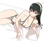 1girl 1girl alluring bare_arms bare_shoulders big_breasts bikini black_hair blush closed_mouth earrings from_above hair_between_eyes hairband halterneck high_res jason_kim jewelry long_hair looking_at_viewer lying on_bed on_side pillow red_eyes side-tie_bikini_bottom smile split_mouth spy_x_family string_bikini swimsuit white_bikini white_hairband yor_briar