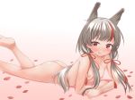 1girl 4:3_aspect_ratio animal_ears ass azur_lane bangs breasts clavicle completely_nude contentious_content kamikaze_(azur_lane) kumaneko_rococo long_hair looking_at_viewer lying nipples nude on_stomach petals red_eyes shiny shiny_skin silver_hair small_breasts smile tied_hair twin_tails