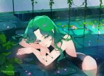 1girl alluring ass bare_shoulders bishoujo_senshi_sailor_moon black_one-piece_bikini closed_mouth eyebrows eyelashes female_focus green_eyes green_hair green_nails leaning_forward light_smile lips long_hair looking_at_viewer marmaladica michiru_kaioh michiru_kaiou nail_polish nose one-piece_swimsuit petals pool swimming_pool swimsuit