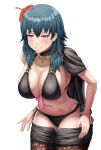 1girl 1girl absurd_res alluring big_breasts bikini black_bikini black_cape black_shorts blue_eyes blush brown_pantyhose byleth_(fire_emblem) byleth_(fire_emblem)_(female) byleth_(summer)_(fire_emblem)_(female) cape cleavage commentary cowboy_shot fire_emblem fire_emblem:_three_houses fire_emblem_heroes flower hair_between_eyes hair_flower hair_ornament hibiscus high_res long_hair navel nintendo official_alternate_costume pantyhose pantyhose_under_shorts patterned_legwear red_flower saikunartworks short_shorts shorts side-tie_bikini_bottom sidelocks simple_background single_bare_shoulder smile standing stomach swimsuit tassel teal_hair undressing white_background