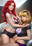 2_girls aqua_eyes bangs bare_arms bare_legs big_breasts black_hairband blonde_female blonde_hair blue_eyes blunt_bangs blush breasts cleavage couch couple duo female_only girl_on_top grin gwen_stacy hair_ornament hairband half-closed_eyes hugging indoors legs lips lipstick long_hair looking_at_viewer love makeup marvel marvel_comics mary_jane_watson midriff multiple_girls mutual_yuri nail_polish navel neck neoartcore on_couch parted_bangs parted_lips pink_lipstick pink_nails red_hair red_lipstick shirt short_hair sitting sitting_on_couch sitting_on_person smile spider-man_(series) white_couch yuri