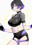 1girl 1girl alluring big_breasts black_and_purple_hair black_shorts clash_kuro_neko collar crop_top female_focus fingerless_gloves gloves grin high_res lightning looking_at_viewer midriff multicolored_hair namco purple_hair reina_(tekken) short_hair shorts smile streaked_hair teeth tekken tekken_8 two-tone_hair