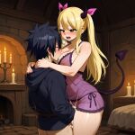 1boy 1girls ai_generated big_breasts black_hair blonde_hair couple demon_tail fairy_tail gray_fullbuster horns lucy_heartfilia pixai sensual sexy succubus sucking_breasts thick_thighs