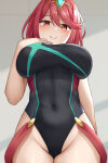 1girl 1girl bare_legs big_breasts bikini black_one-piece_bikini blush bob_cut closed_mouth covered_navel cowboy_shot from_behind gem green_gemstone grey_background hand_on_own_chest heroine high_res looking_at_viewer milf mizushina_minato nintendo official_alternate_costume one-piece_bikini pyra pyra_(pro_swimmer)_(xenoblade) red_eyes red_hair short_hair smile standing suspenders_hanging swept_bangs swimsuit tiara xenoblade_(series) xenoblade_chronicles_2