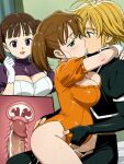 1boy 2_girls blonde_hair brown_hair cleavage couple cum cum_in_pussy diane_(nanatsu_no_taizai) green_eyes impregnation kissing meliodas nanatsu_no_taizai penetration penis penis_in_pussy purple_eyes twin_tails vaginal vaginal_penetration vaginal_sex