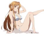 1girl 1girl alluring arm_support asuna_(sao) bare_legs bikini brown_eyes brown_hair cleavage half_up_half_down_braid hand_on_own_head high_res long_hair looking_at_viewer medium_breasts navel outstretched_leg puge sitting smile swimsuit sword_art_online very_long_hair white_background white_bikini