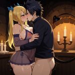 1boy 1girls ai_generated big_breasts black_hair blonde_hair couple demon_tail fairy_tail gray_fullbuster horns lucy_heartfilia sensual sexy succubus thick_thighs