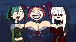 1girl 3_girls areola big_breasts boob_window breast_size_difference breasts cleavage clothed crimson_(tdi) female_only goth goth_girl gothic grin gwen_(tdi) huge_breasts lipstick makeup nipples no_bra scary_girl_(tdi) scobionicle99 smile surprise the_ridonculous_race total_drama_island total_drama_island_(2023) wide_smile